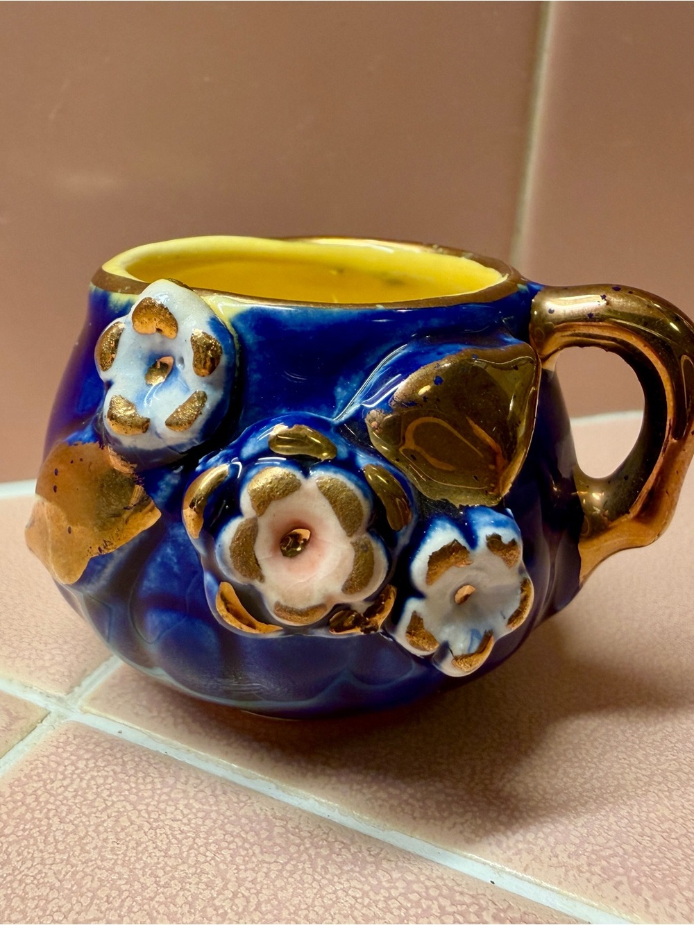 Vintage MK Japan Porcelain Mini Creamer Pitcher Cobalt Raised Flower Art Pottery